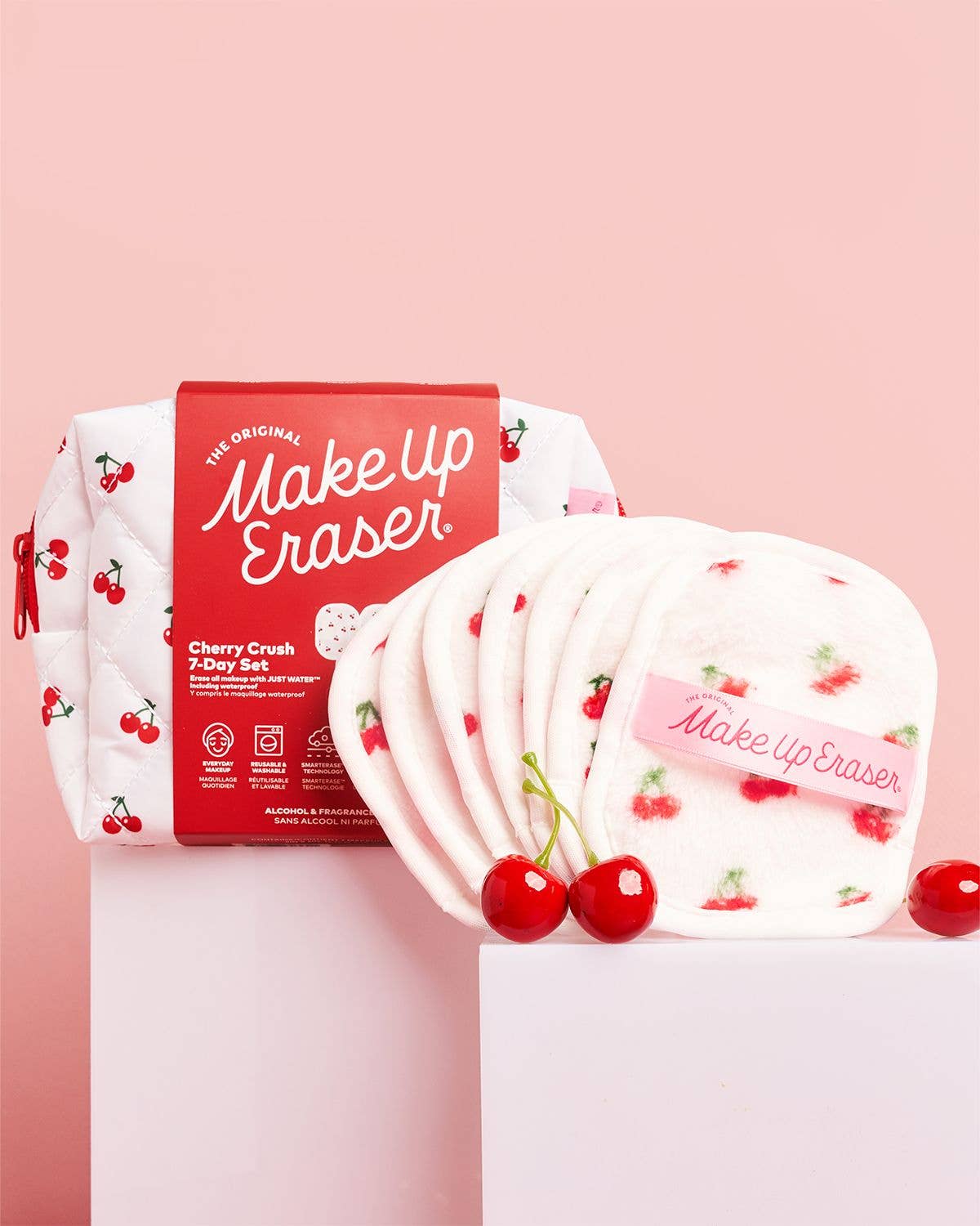 Make-up eraser set with cherry design on a pink background