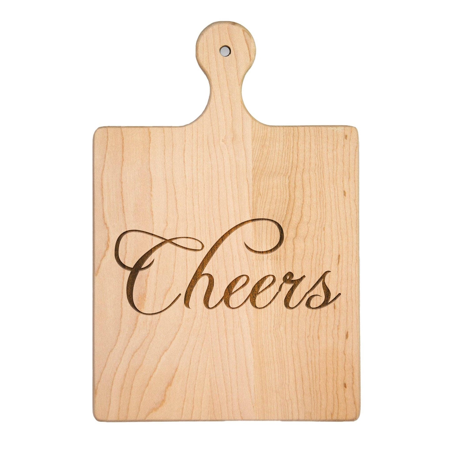 Wooden cutting board with 'Cheers' engraving on a white background