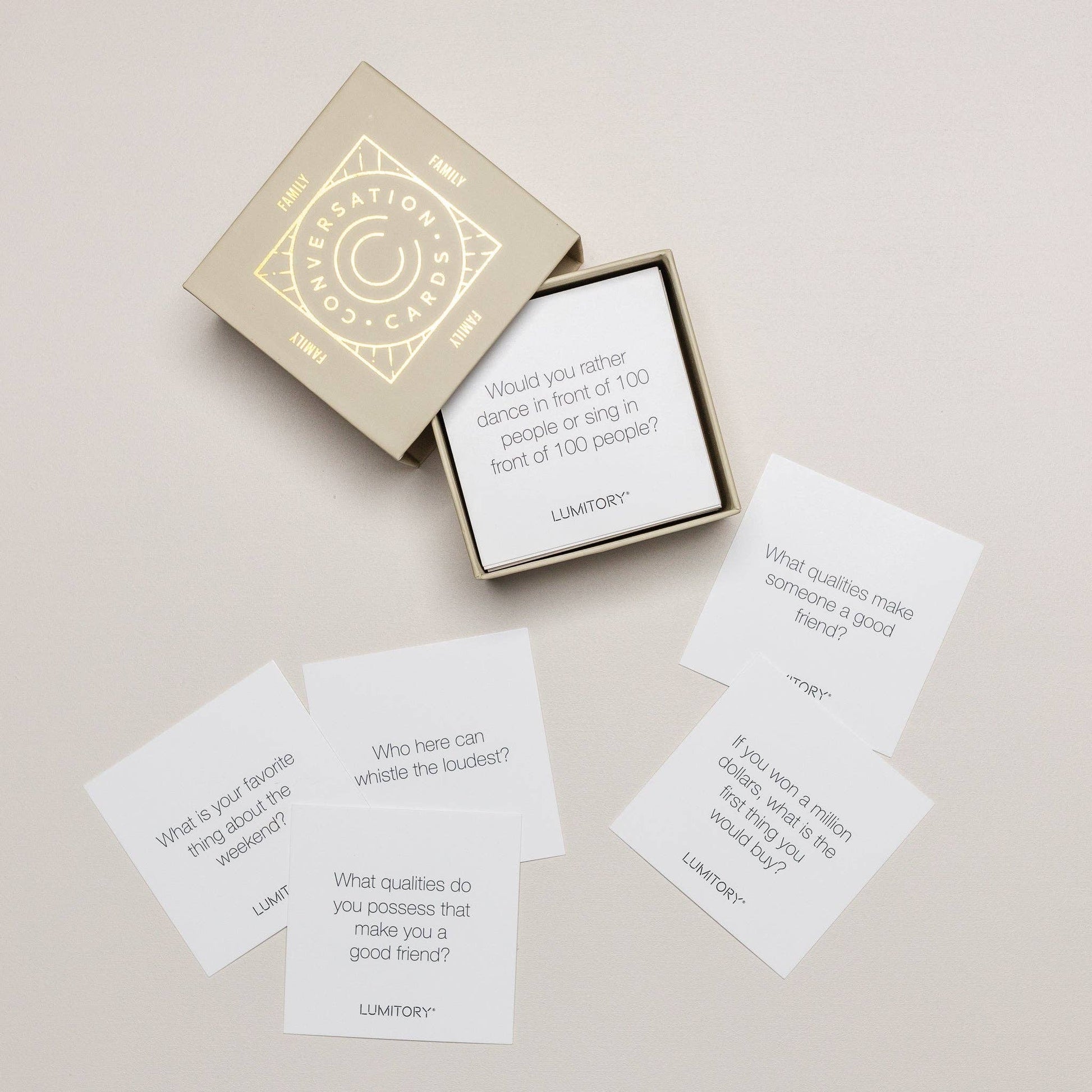 Lumitory conversation cards with open box on a light background