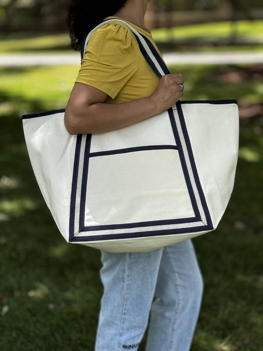 🌿 Eco-Friendly Canvas Boat Tote – Sustainable Cotton Carryall with Pockets (24"x15"x9")