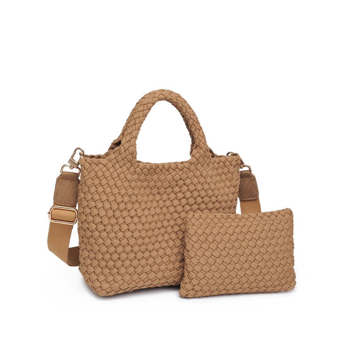 Brown woven handbag with matching pouch on a white background