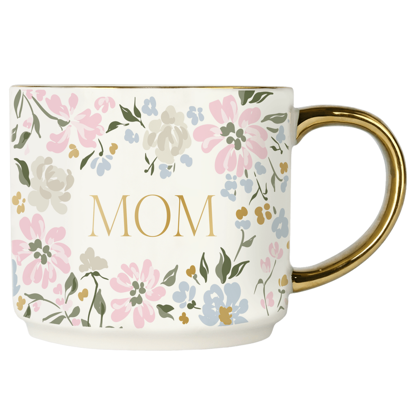 Mug with floral pattern and 'Mom' text on a white background