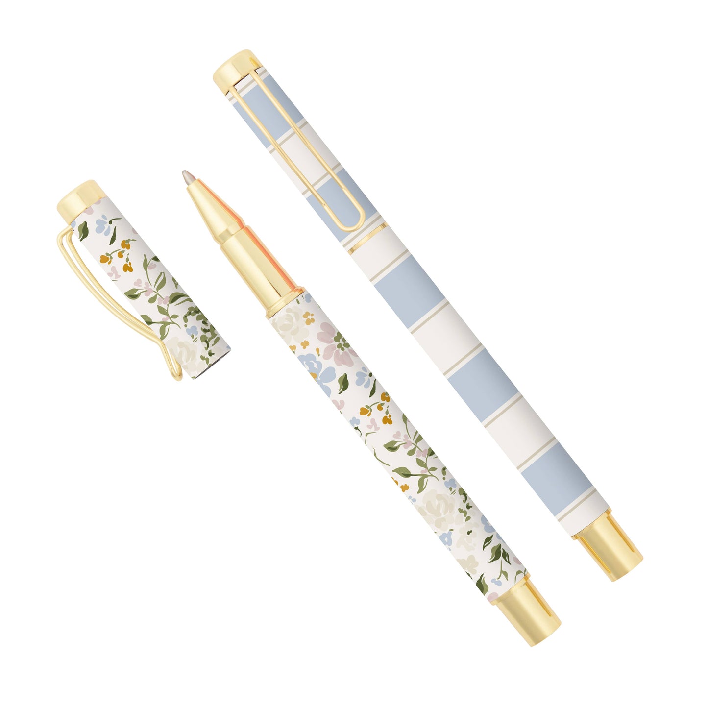 Set of three decorative pens with floral patterns on a white background