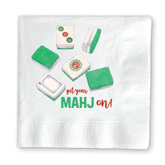 White napkin with green and red mahjong tiles and 'get your MAHJ on!' text.