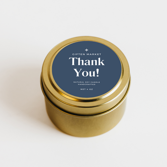 Gold candle tin with 'Thank You!' label on a white background