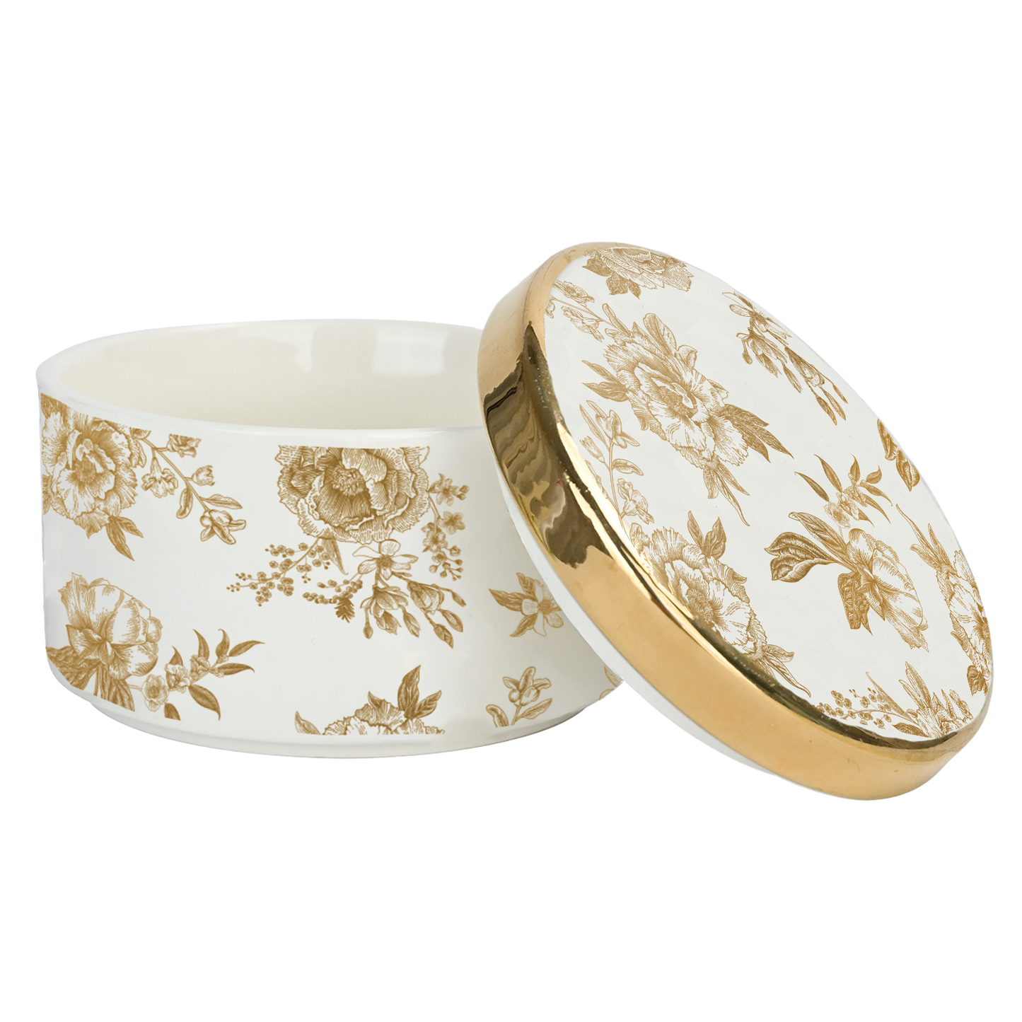 Decorative ceramic container with gold floral patterns on a white background