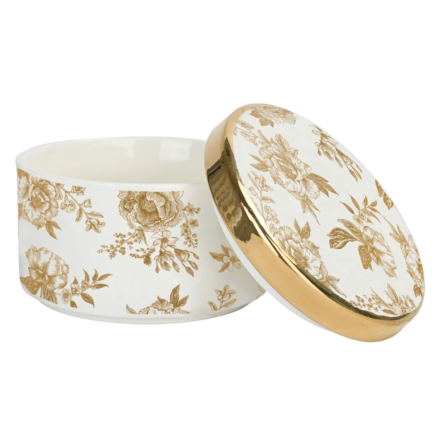 Decorative ceramic container with gold floral patterns on a white background