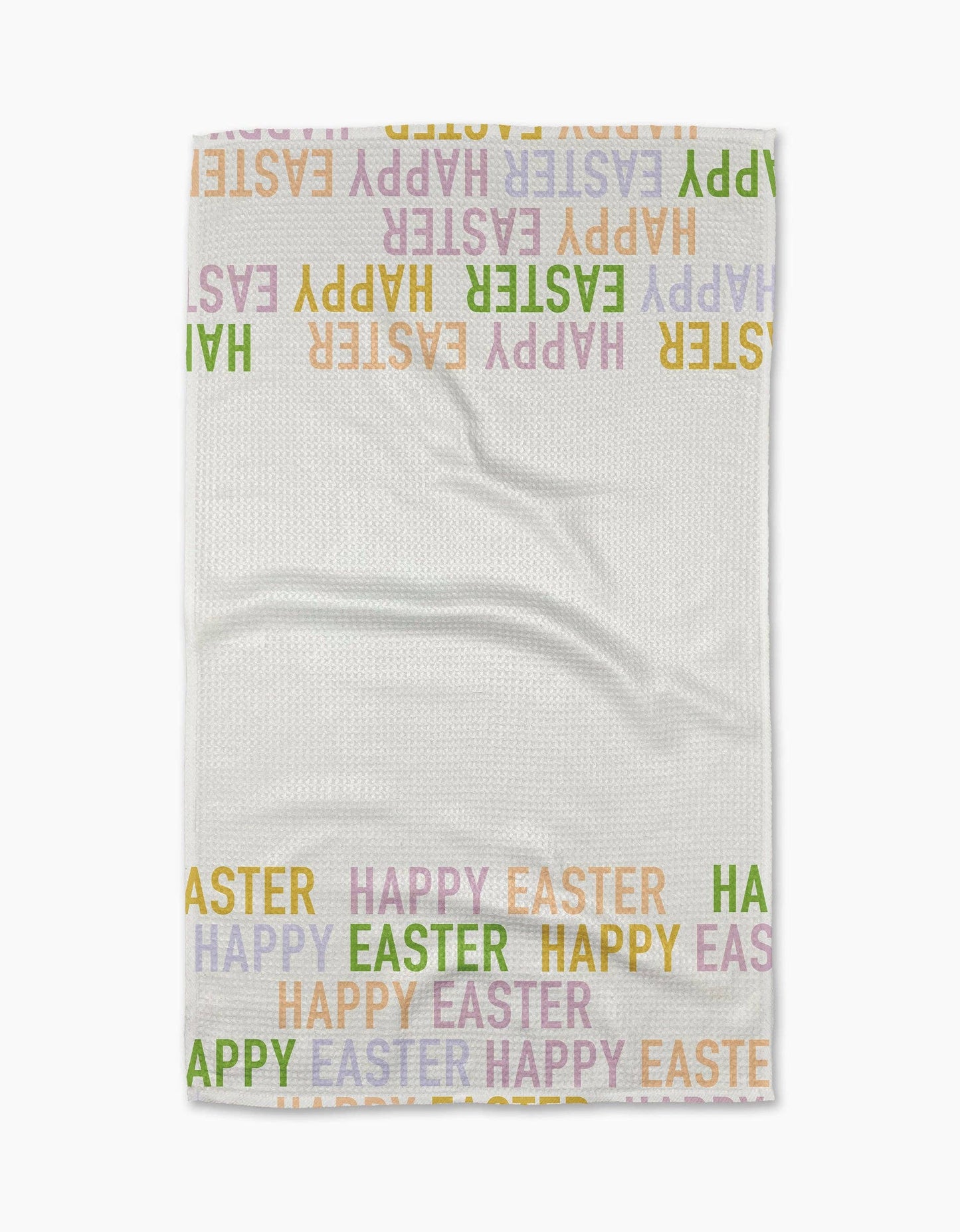 White towel with 'Happy Easter' text in various colors on a white background