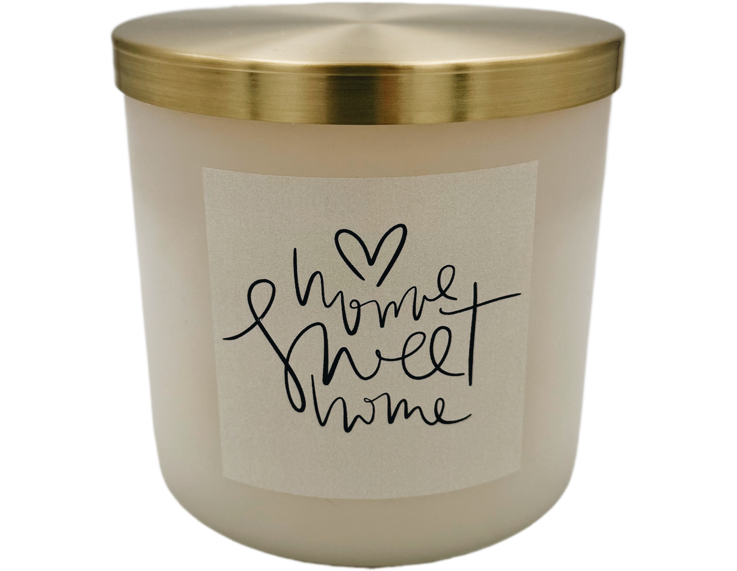 Candle with a gold lid and 'Home Sweet Home' label on a white background