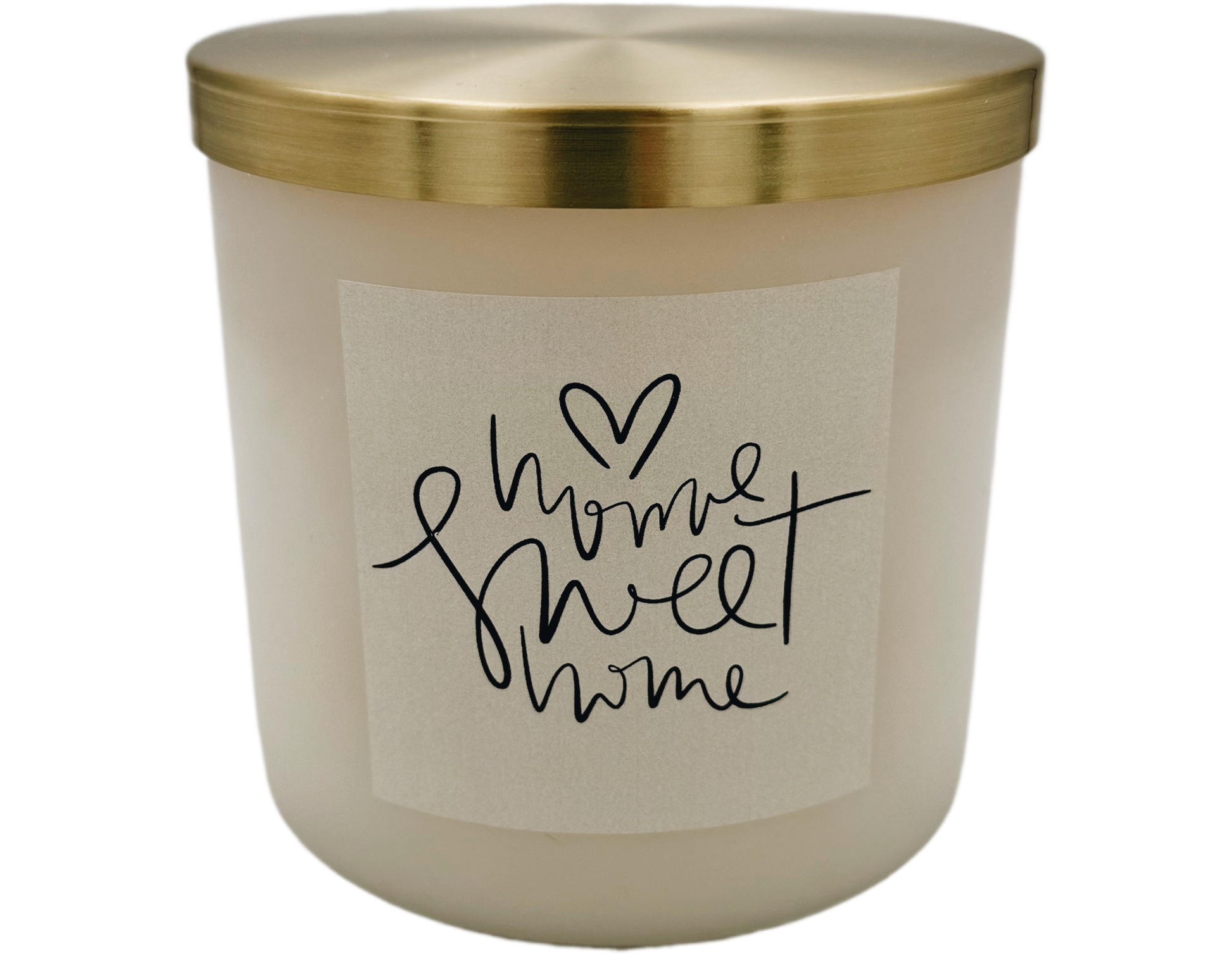 Candle with a gold lid and 'Home Sweet Home' label on a white background