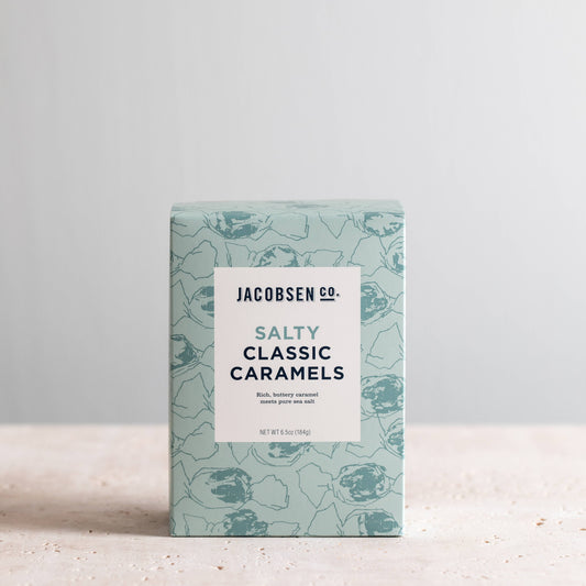 Box of Jacobsen Salty Classic Caramels on a light background