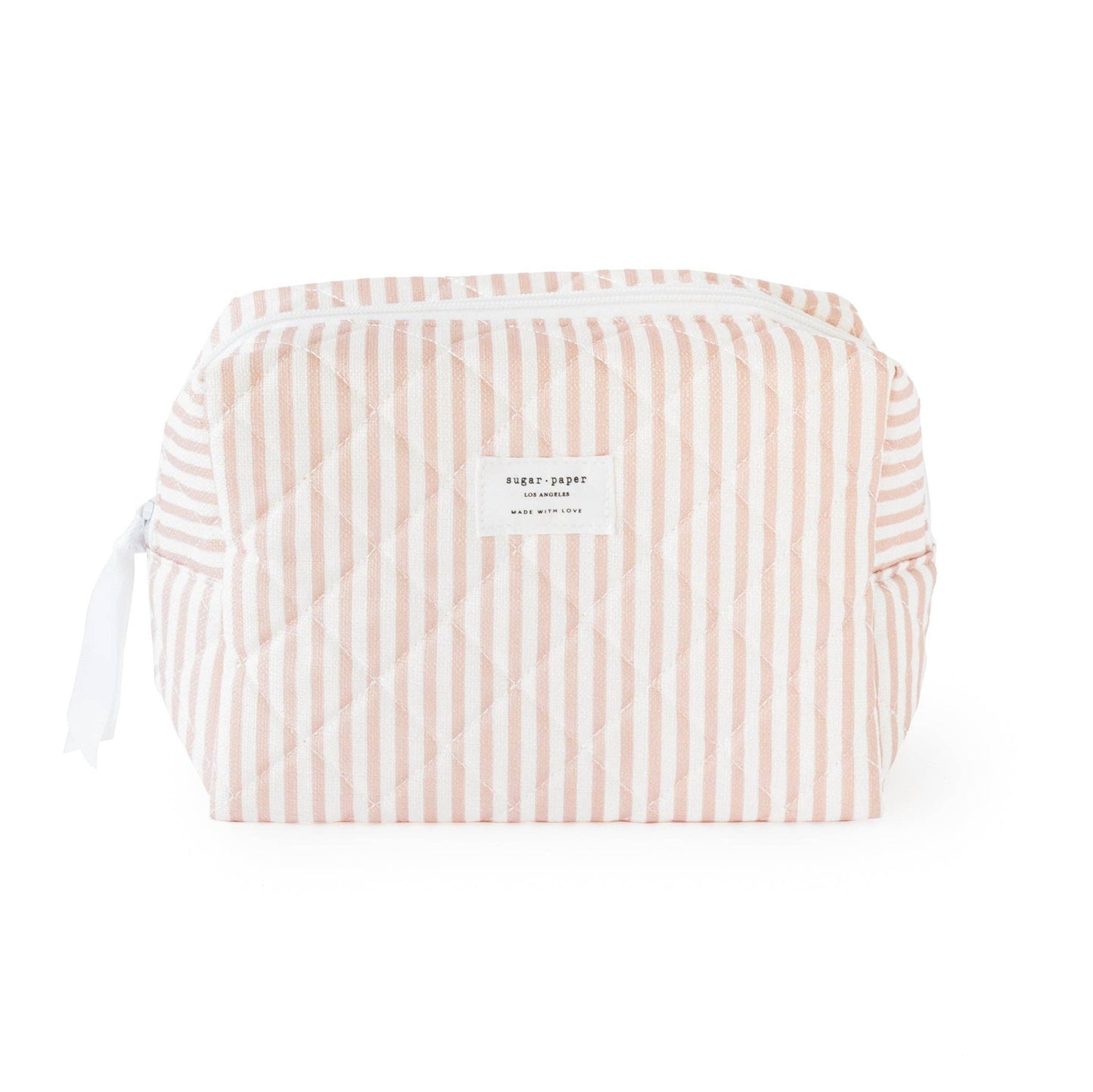 Striped pouch with a visible brand label on a white background