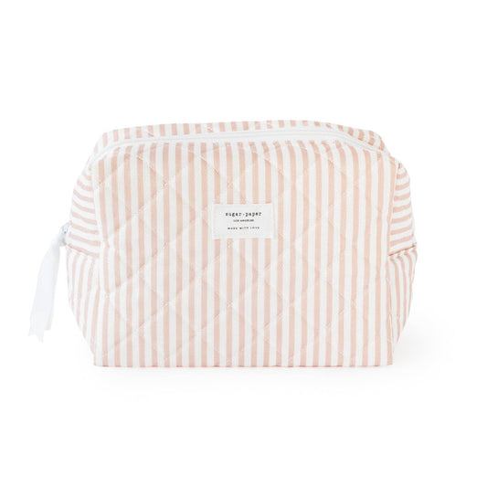 Striped pouch with a visible brand label on a white background