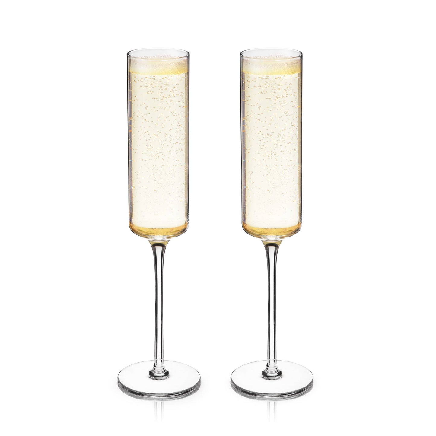 Two champagne flutes filled with a bubbly beverage on a white background
