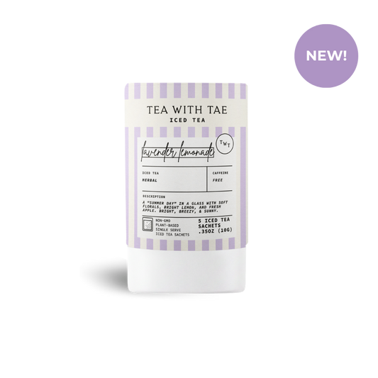 Pack of iced tea with lavender lemonade flavor on a white background