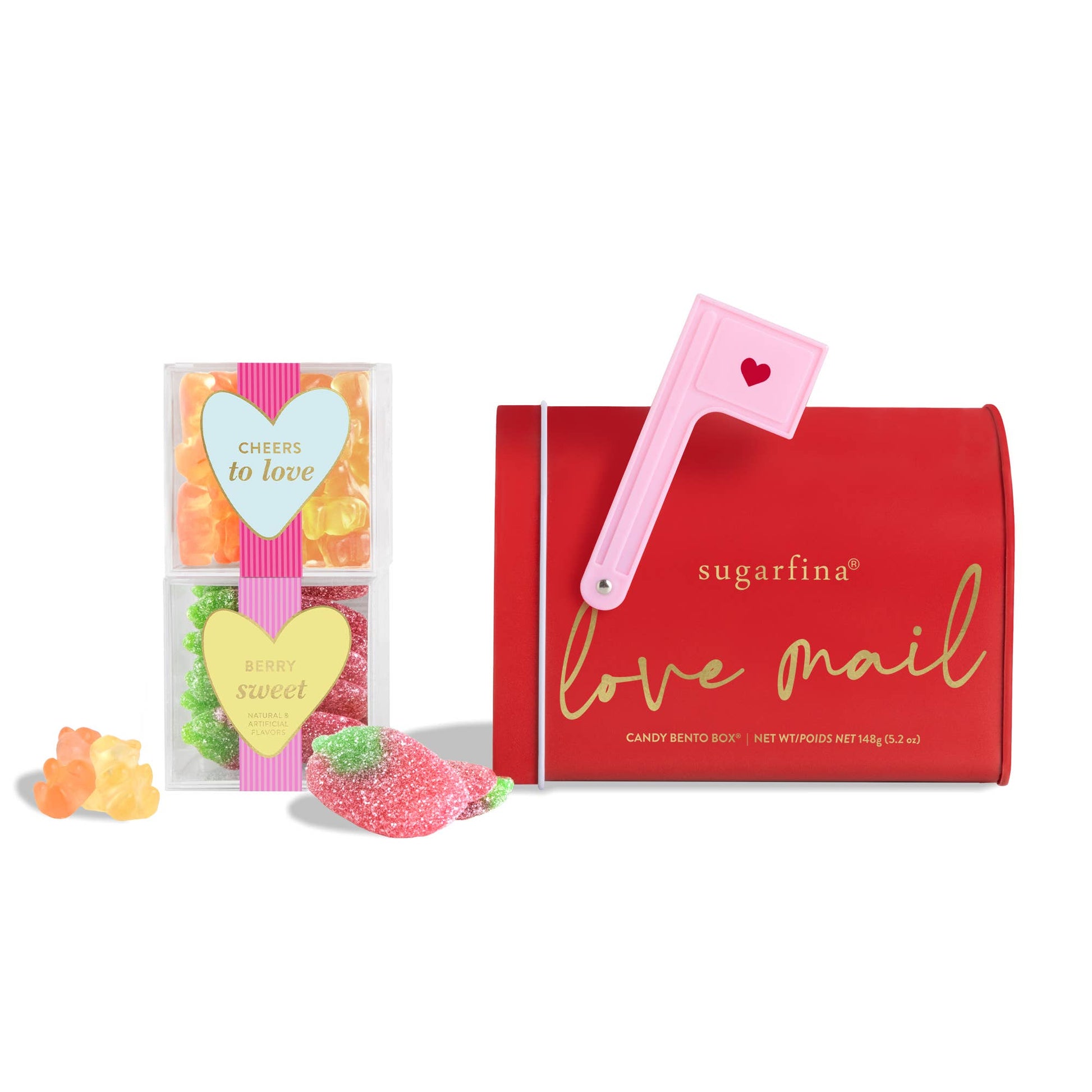 sugarfina 'love mail' candy box with a pink tool and gummy candies on a white background