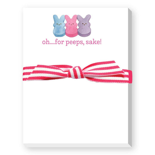 Notepad with a pink and white striped hair tie and Peeps-themed text on a white background