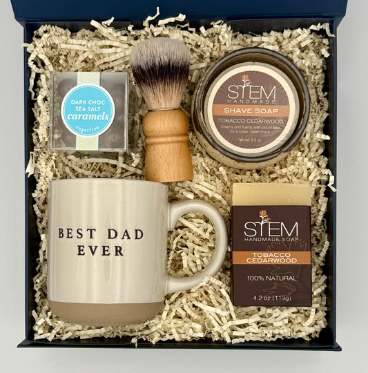 Gift set with 'Best Dad Ever' mug, shaving brush, and soap in a box