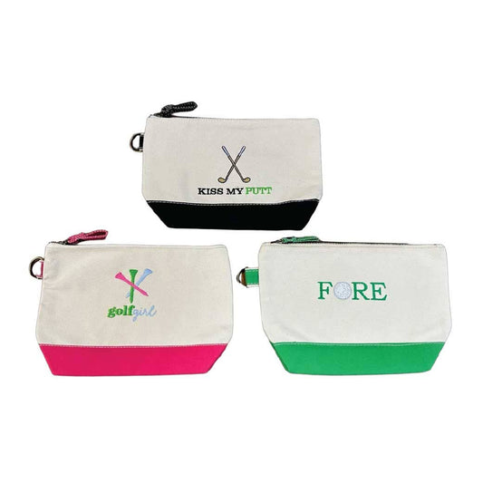 Three small pouches with golf-themed designs and text on a white background
