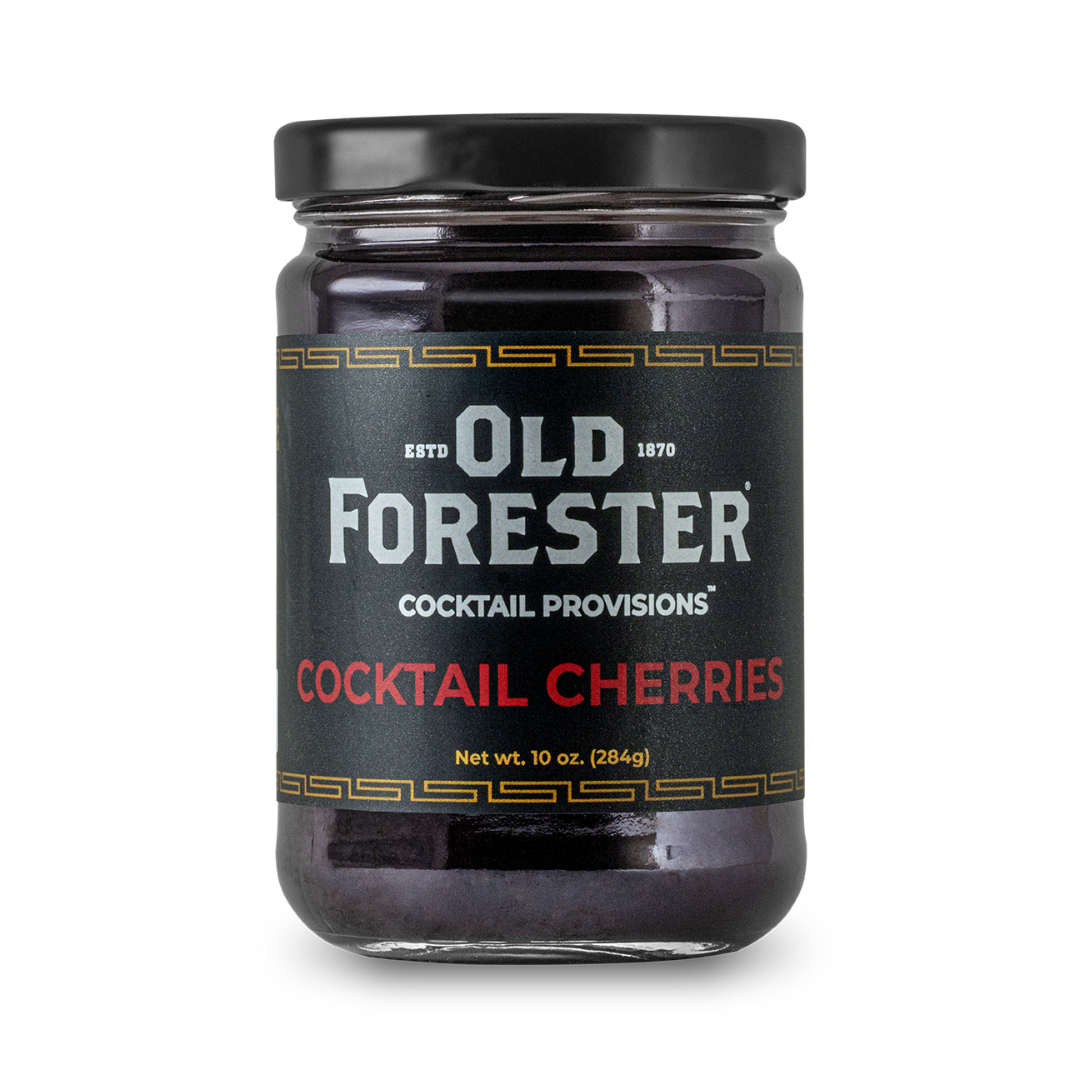 Jar of Old Forester cocktail cherries on a white background
