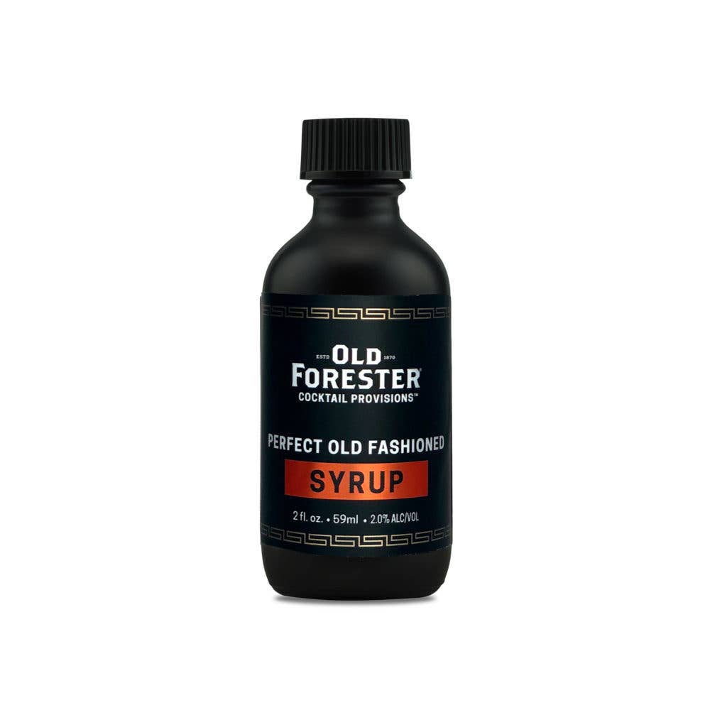 Black bottle of Old Forester Perfect Old Fashioned Syrup on a white background