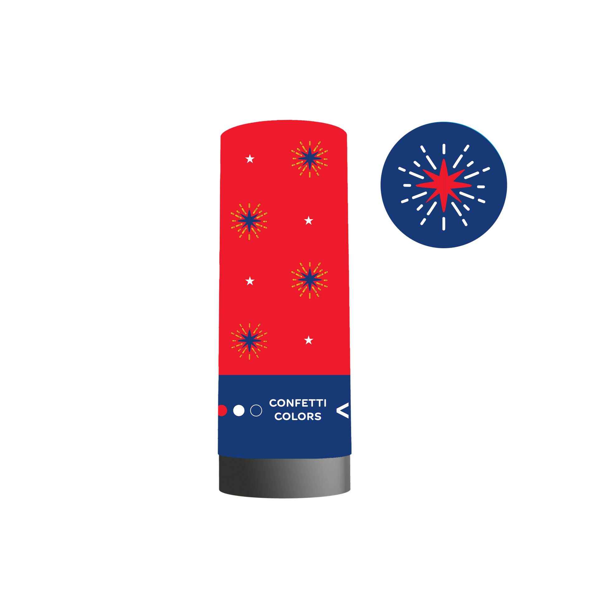 Red and blue cylindrical container with starburst designs and a blue circle inset showing a similar design.