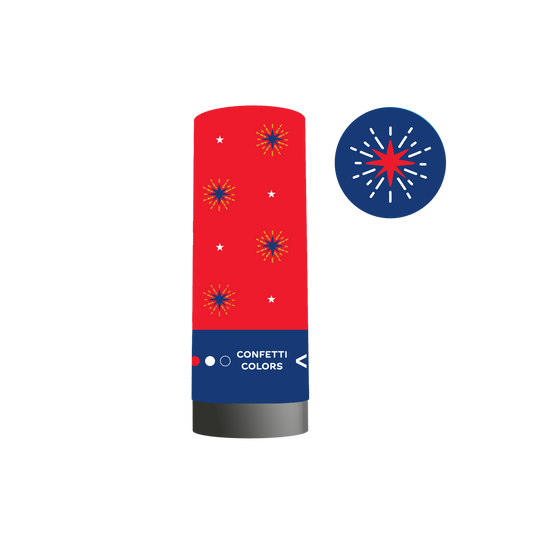 Red and blue cylindrical container with starburst designs and a blue circle inset showing a similar design.