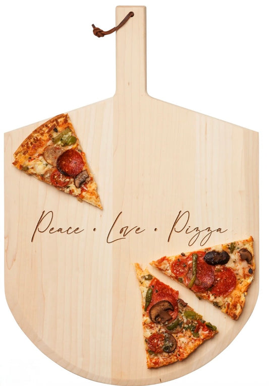 Wooden pizza peel with 'Peace Love Pizza' text and pizza slices on a white background