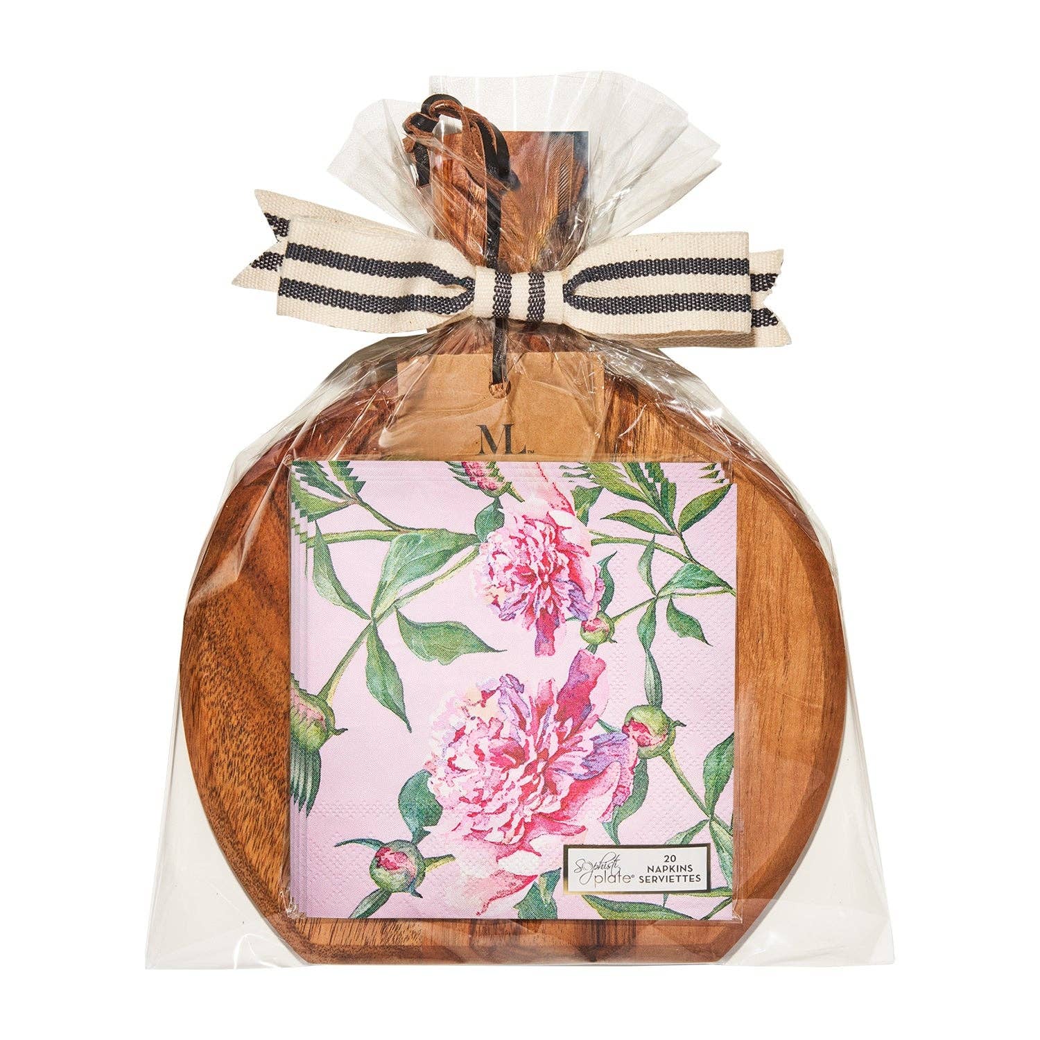 Wooden cutting board with floral design and striped ribbon on a white background