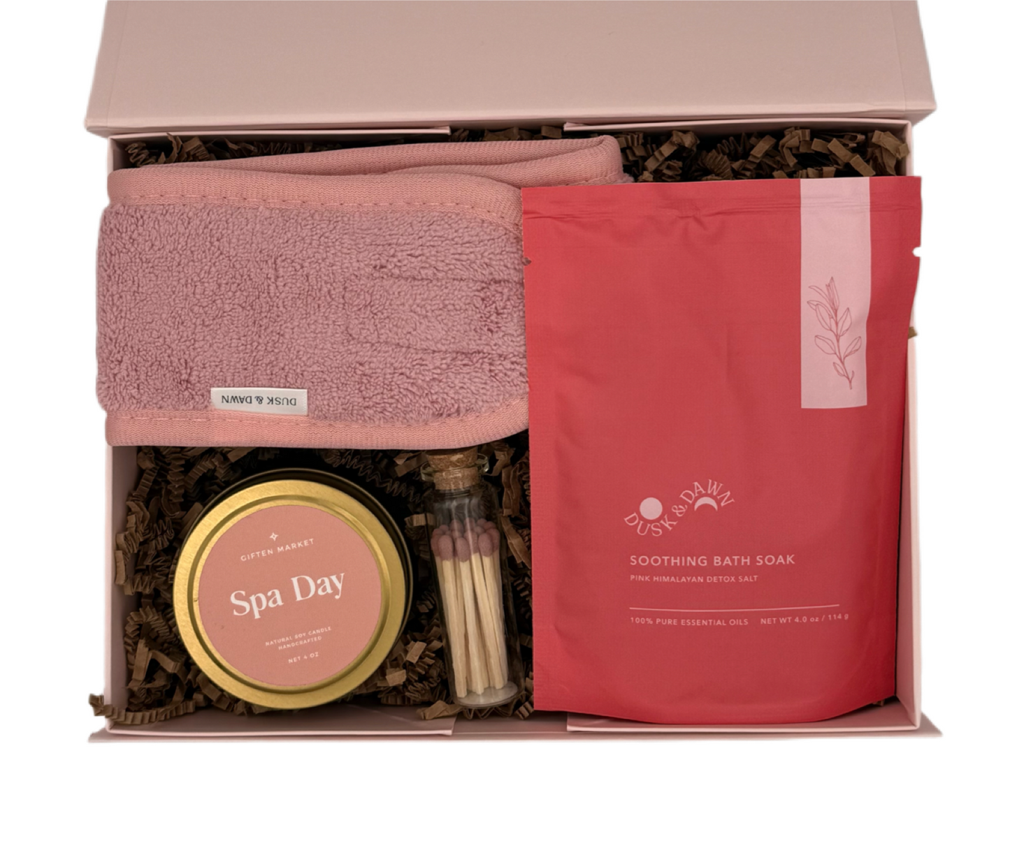 Spa day gift set with towel, candle, and bath soap in a box