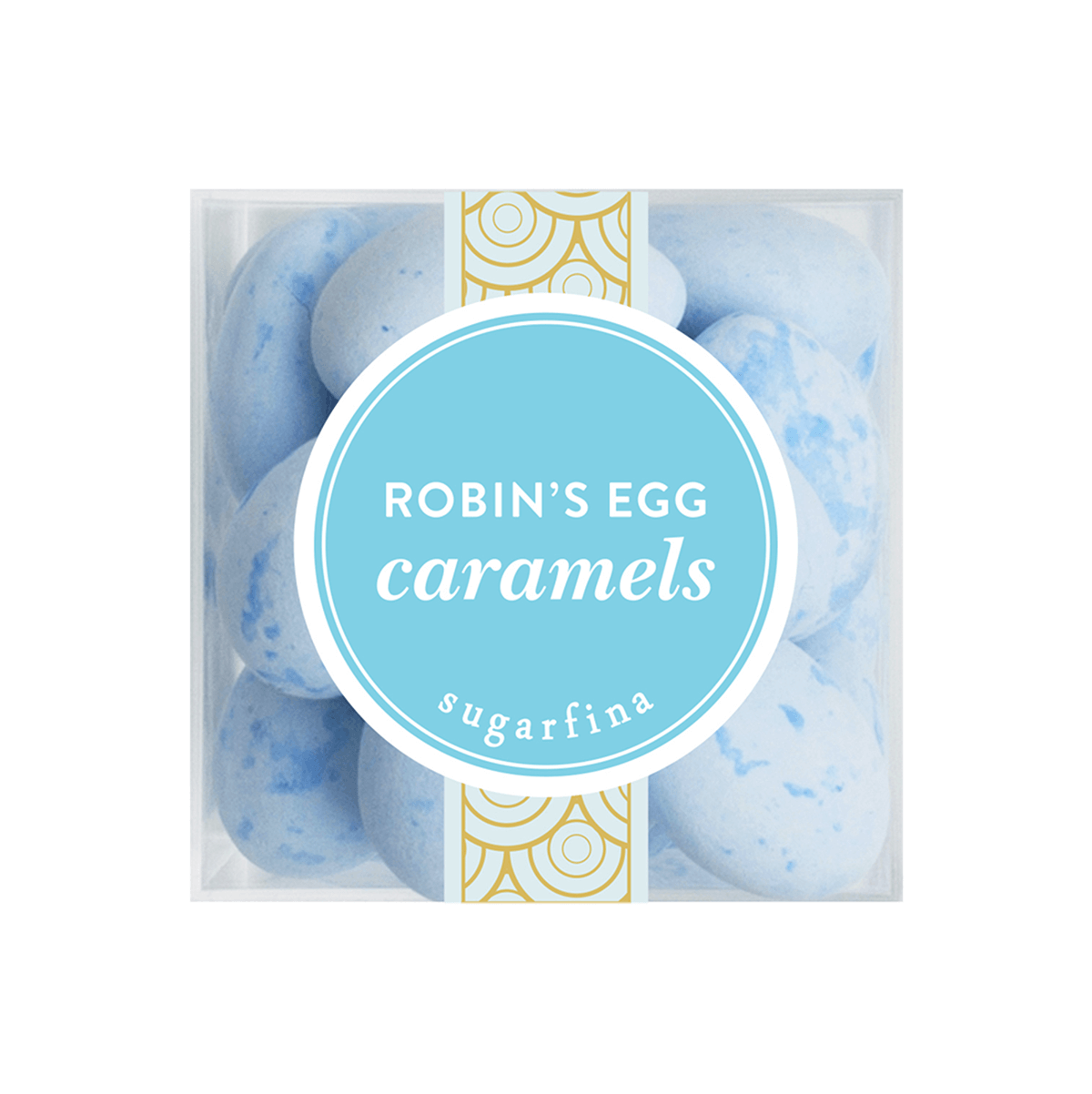 Pack of Robin's Egg caramels by Sugarfina with a blue label on a white background
