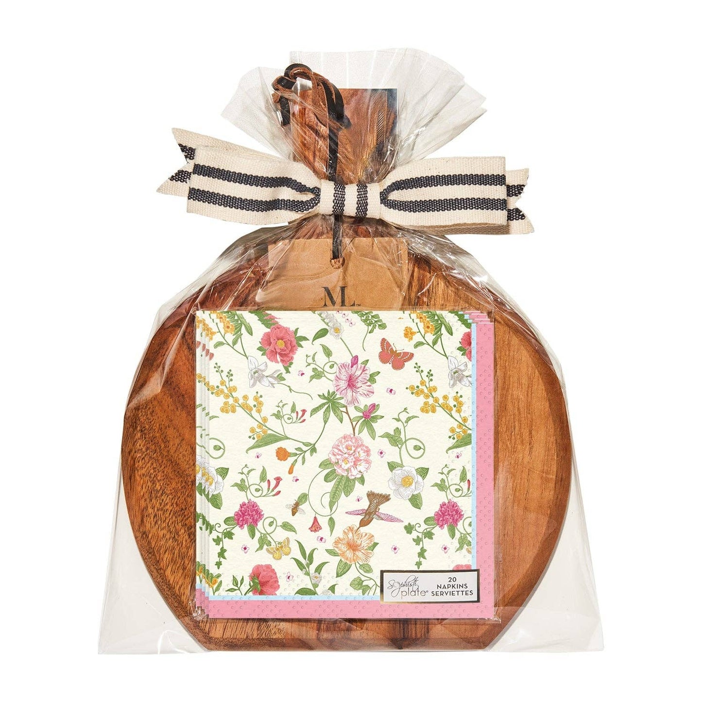 Wooden cutting board with floral-patterned napkins and a decorative ribbon on a white background
