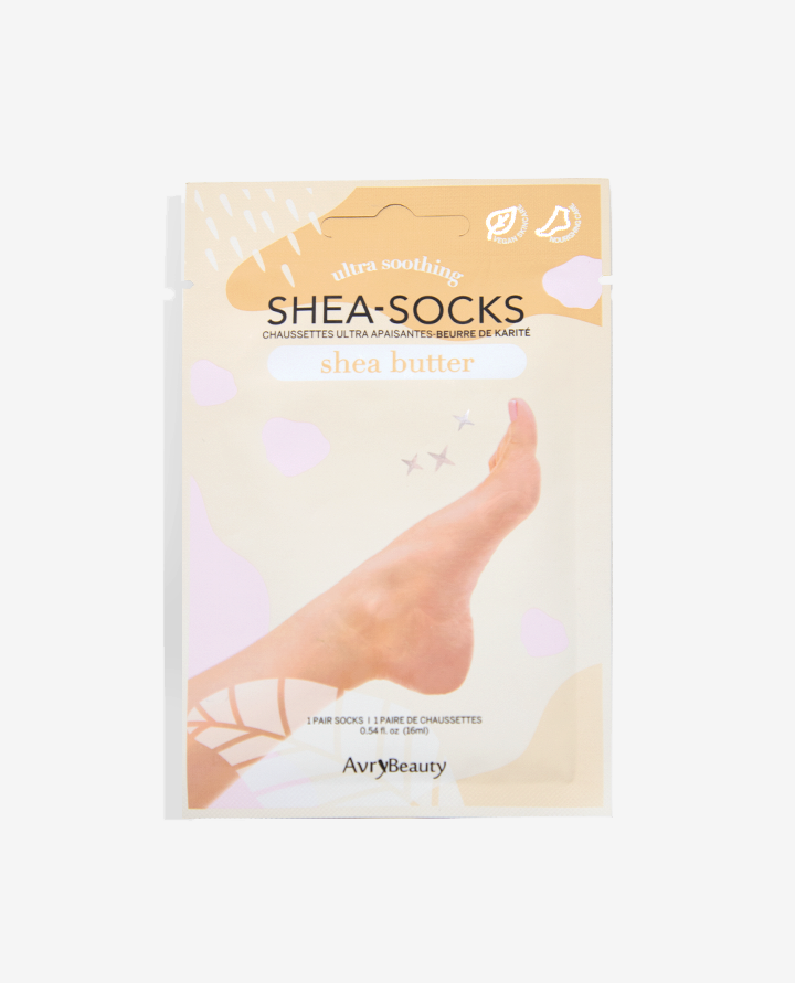 Shea socks packaging with a leg image and Avry Beauty branding on a white background