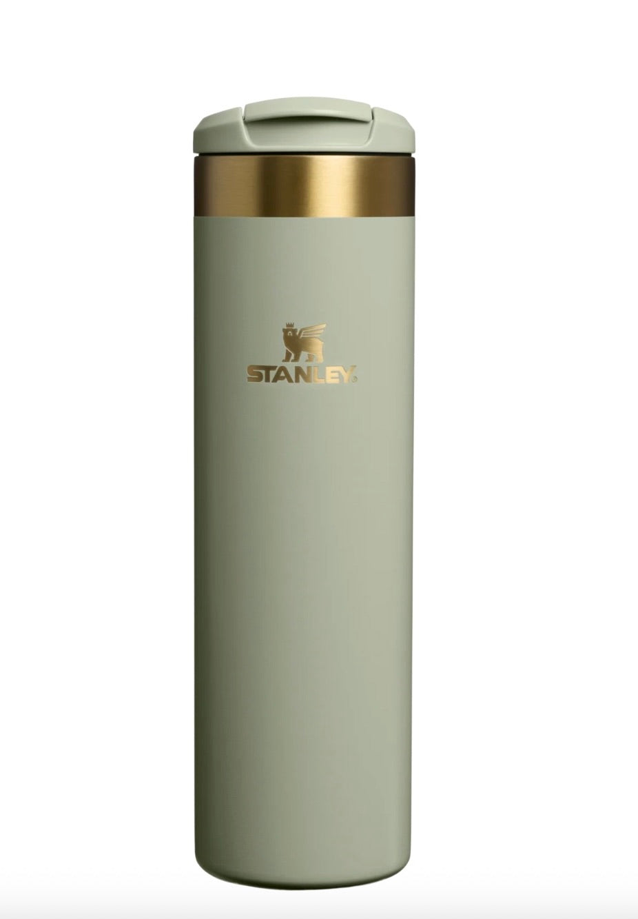 Light gray Stanley insulated mug with gold lid on a white background