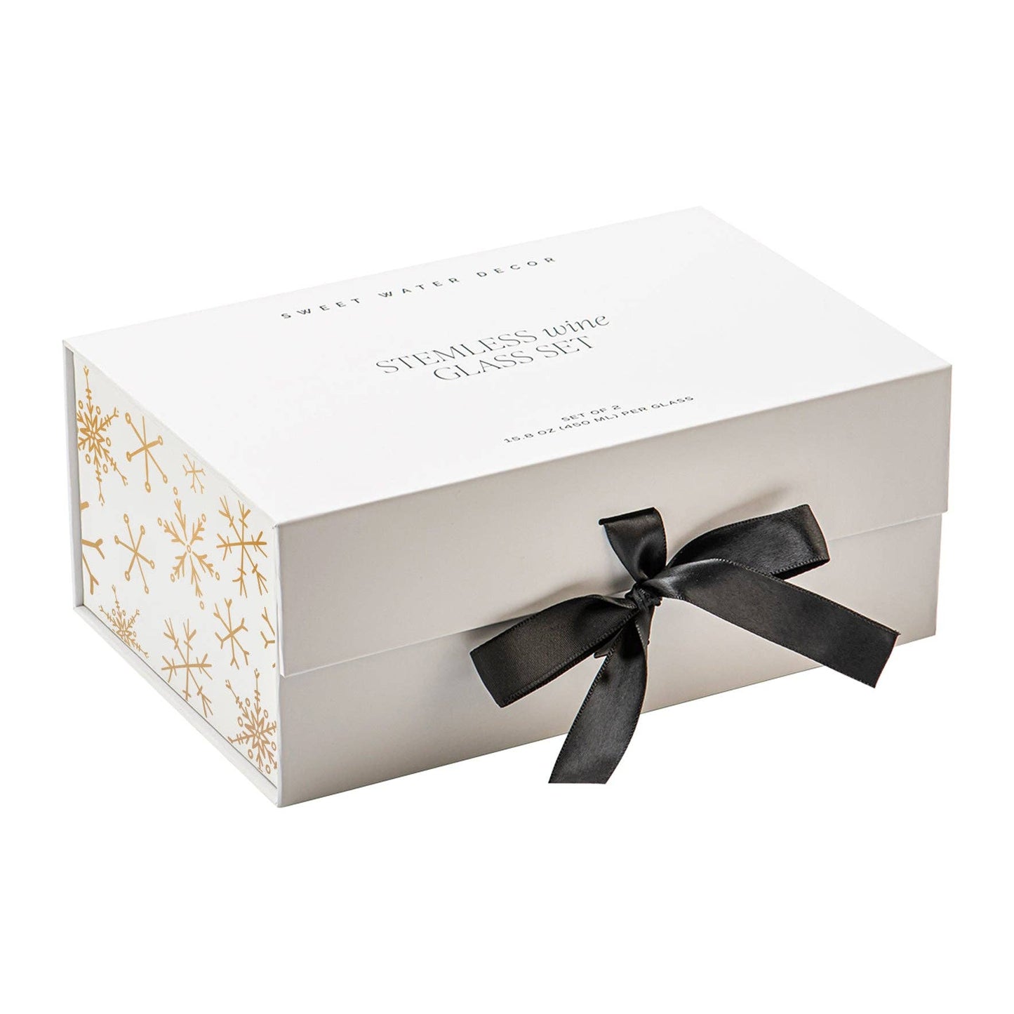 Gift box with a black ribbon filled with two stemless wine glasses- snowflakes