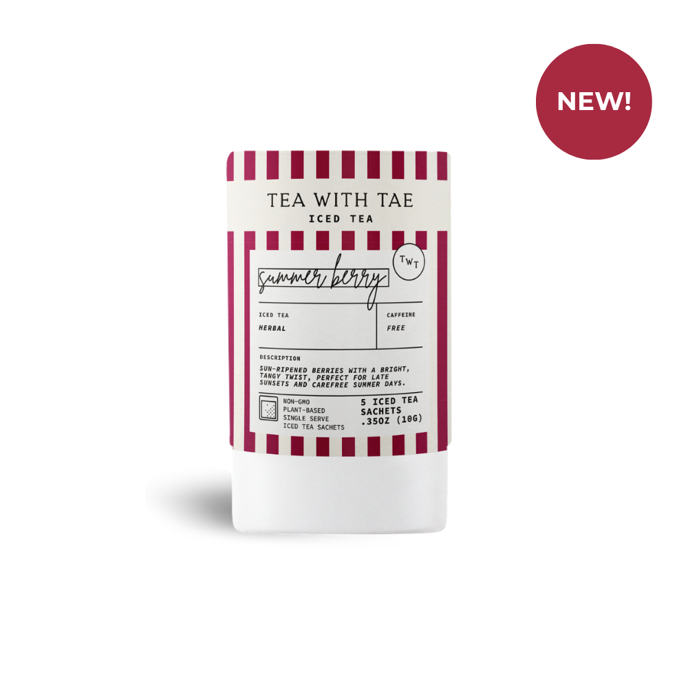 Tea package with red and white striped design on a white background