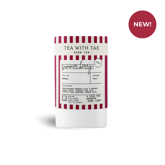 Tea package with red and white striped design on a white background