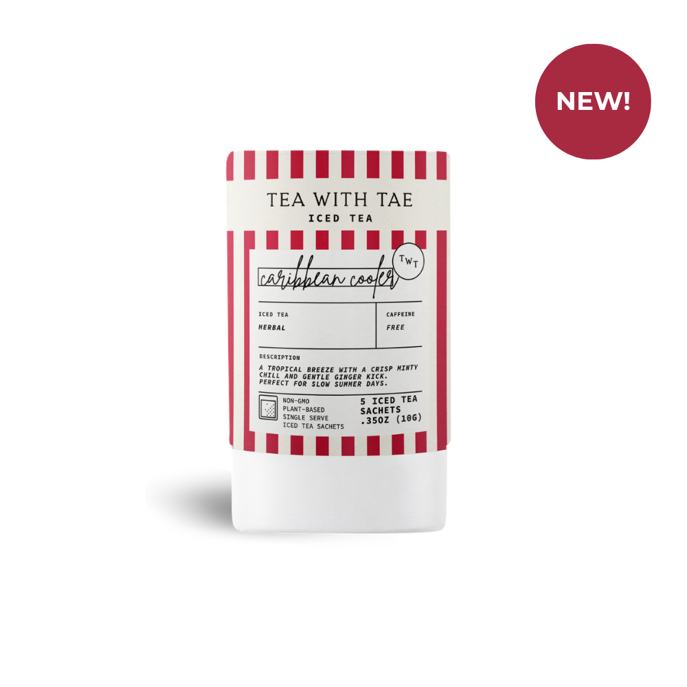 Tea package with red and white striped design on a white background