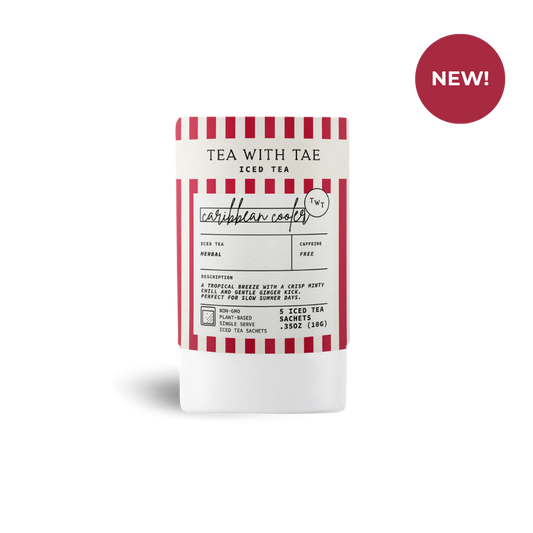 Tea package with red and white striped design on a white background