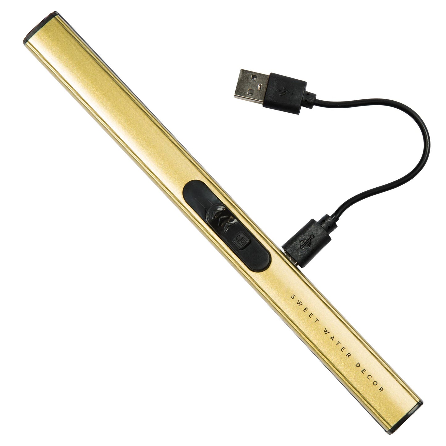 Gold LED strip light with USB cable on a white background