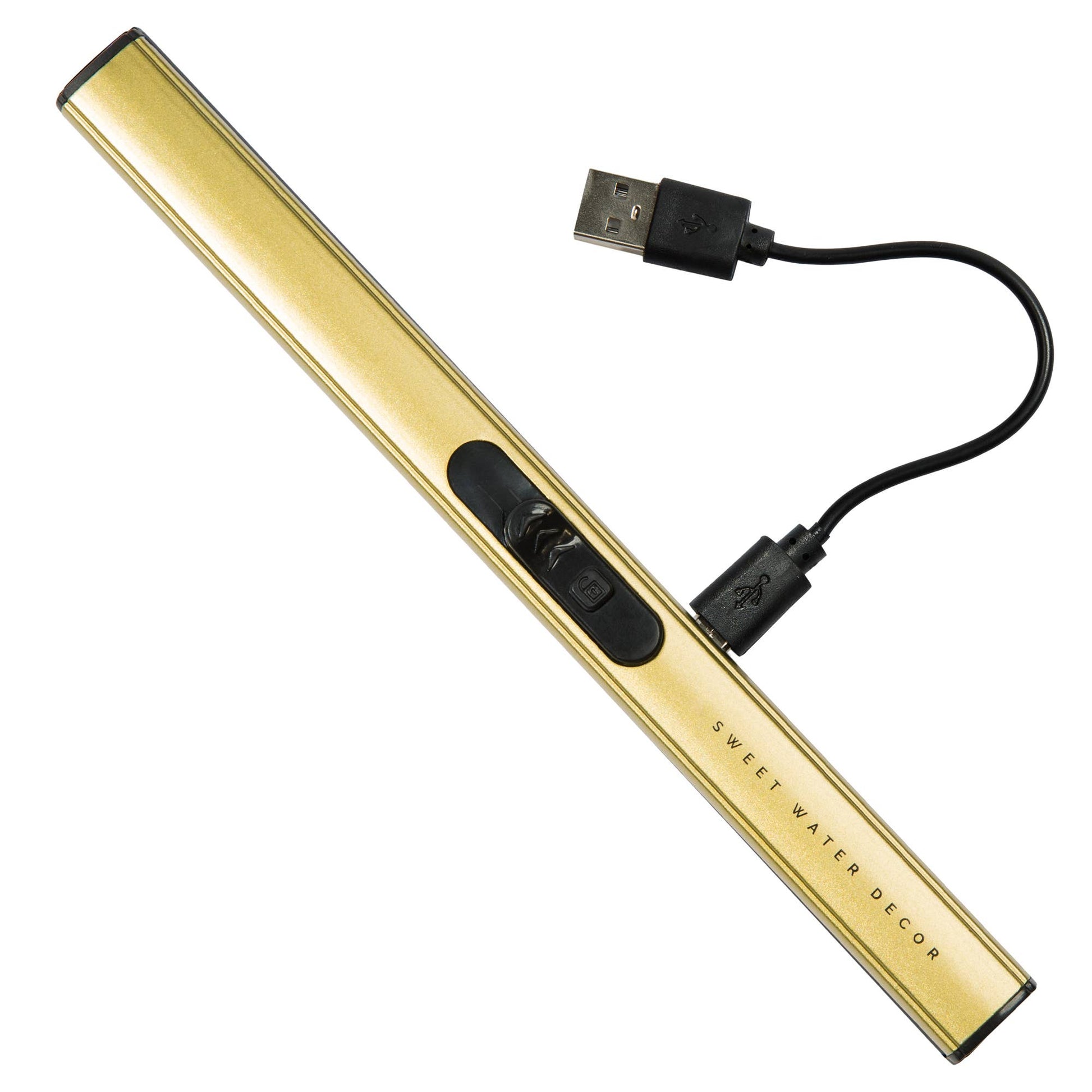 Gold LED strip light with USB cable on a white background