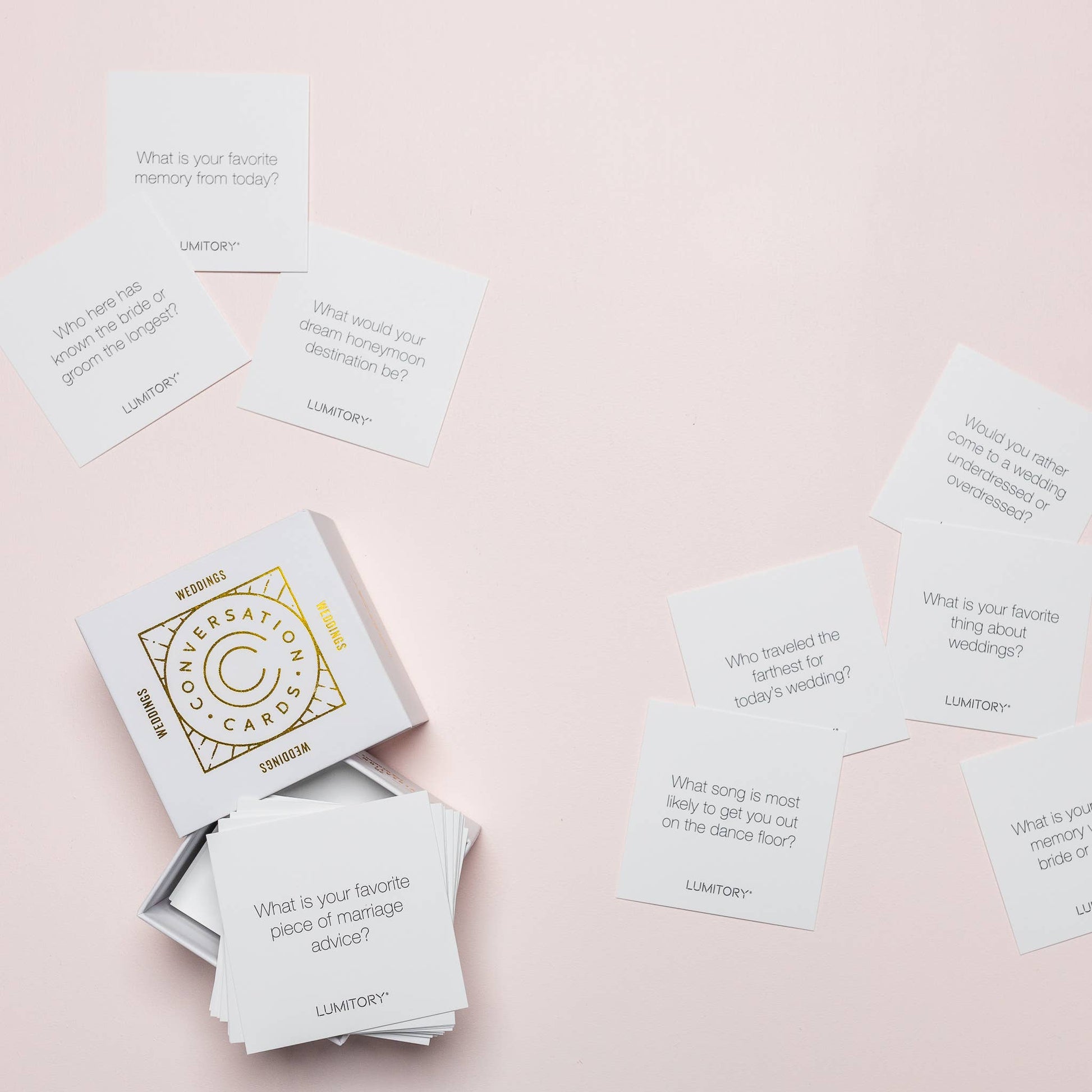 Set of question cards on a pink background