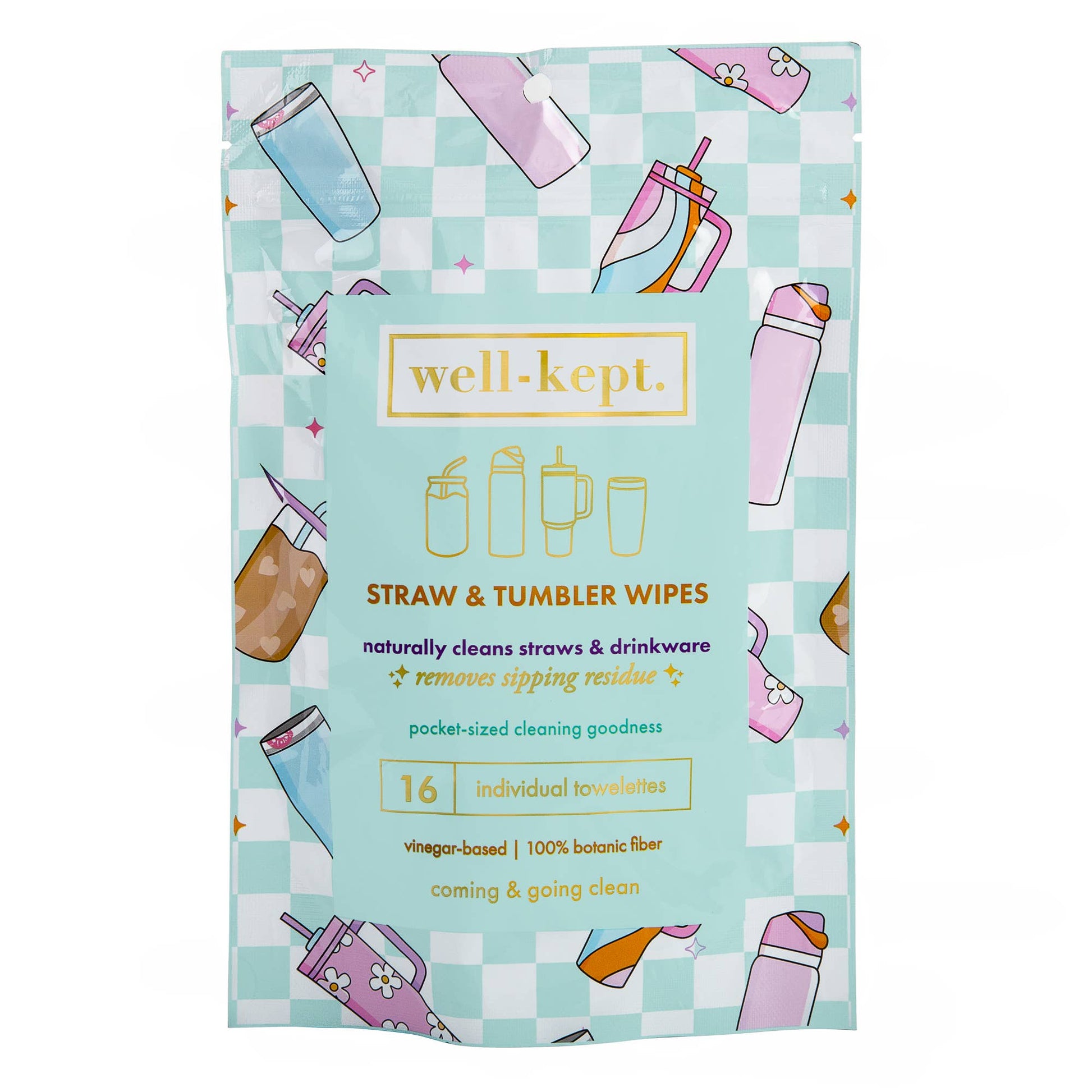 Pack of 'well-kept' straw and tumbler wipes on a checkered background