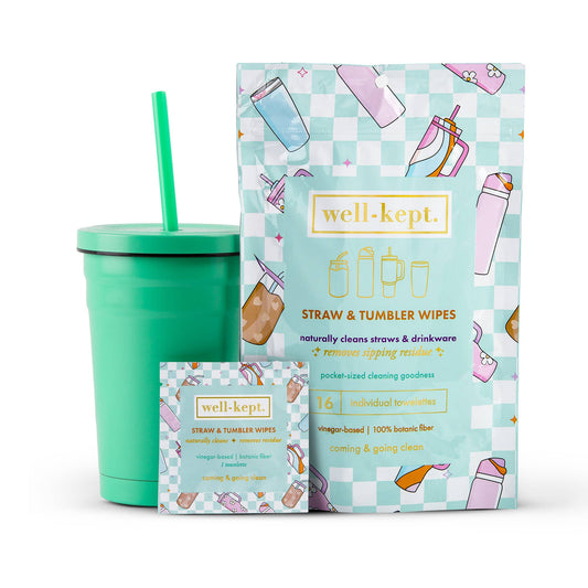 Green tumbler with straw and 'well-kept' straw and tumbler wipes packaging on a white background
