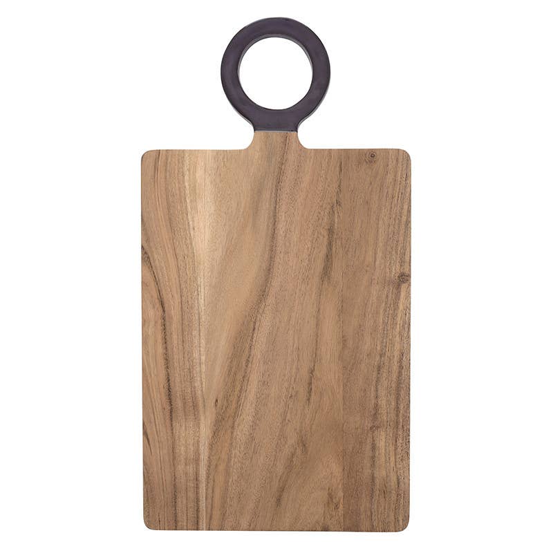Wooden cutting board with a ring handle on a white background