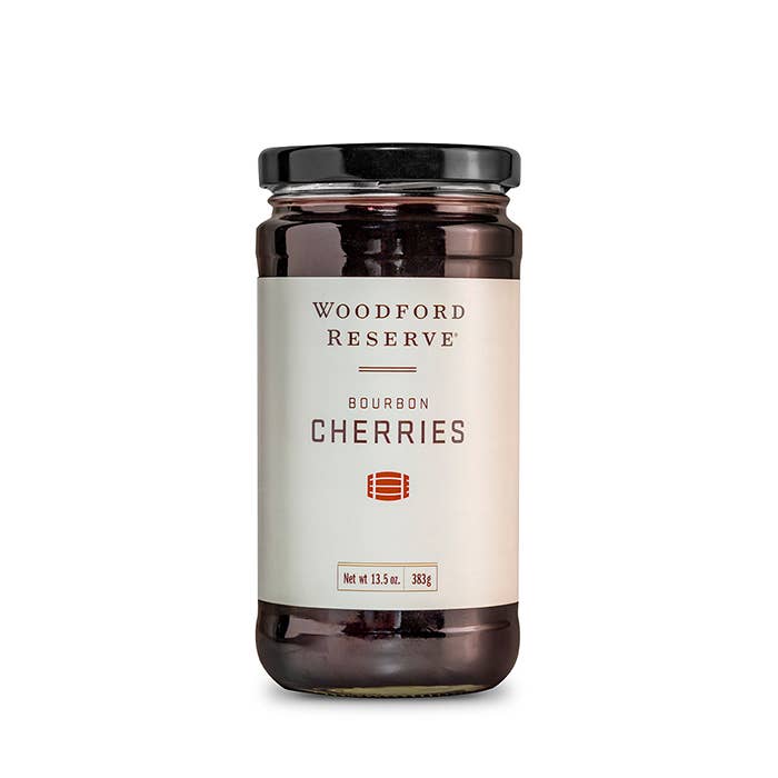 Woodford Reserve Bourbon Cherries jar on a white background